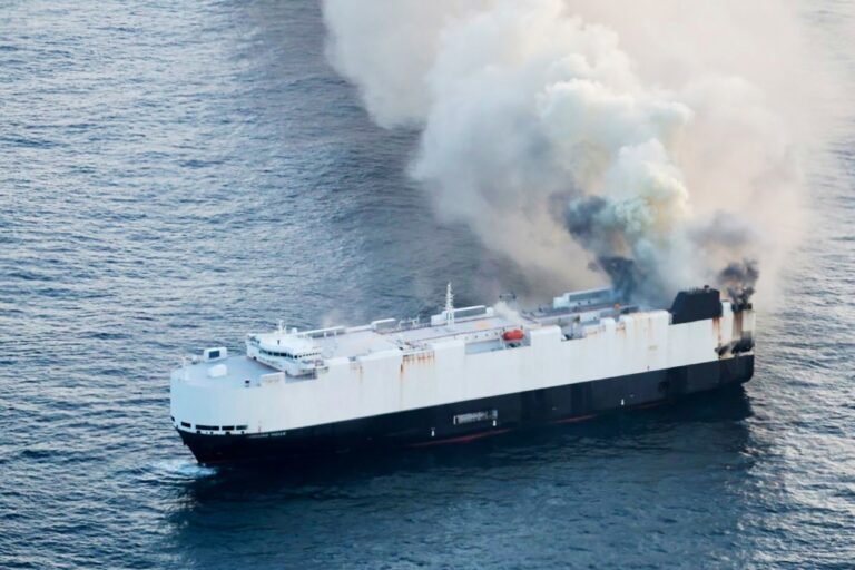 22 crew members rescued from lifeboat in North Pacific after ship carrying 3,000 cars catches fire