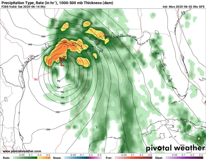 A GFS model run from Sunday evening shows the potential for a strong tropical storm or a Category 1 hurricane (centered at the red "L") in the Gulf on Friday evening, June 13. This is the timeframe when the GFS is more likely to show a "ghost storm." - Pivotal Weather